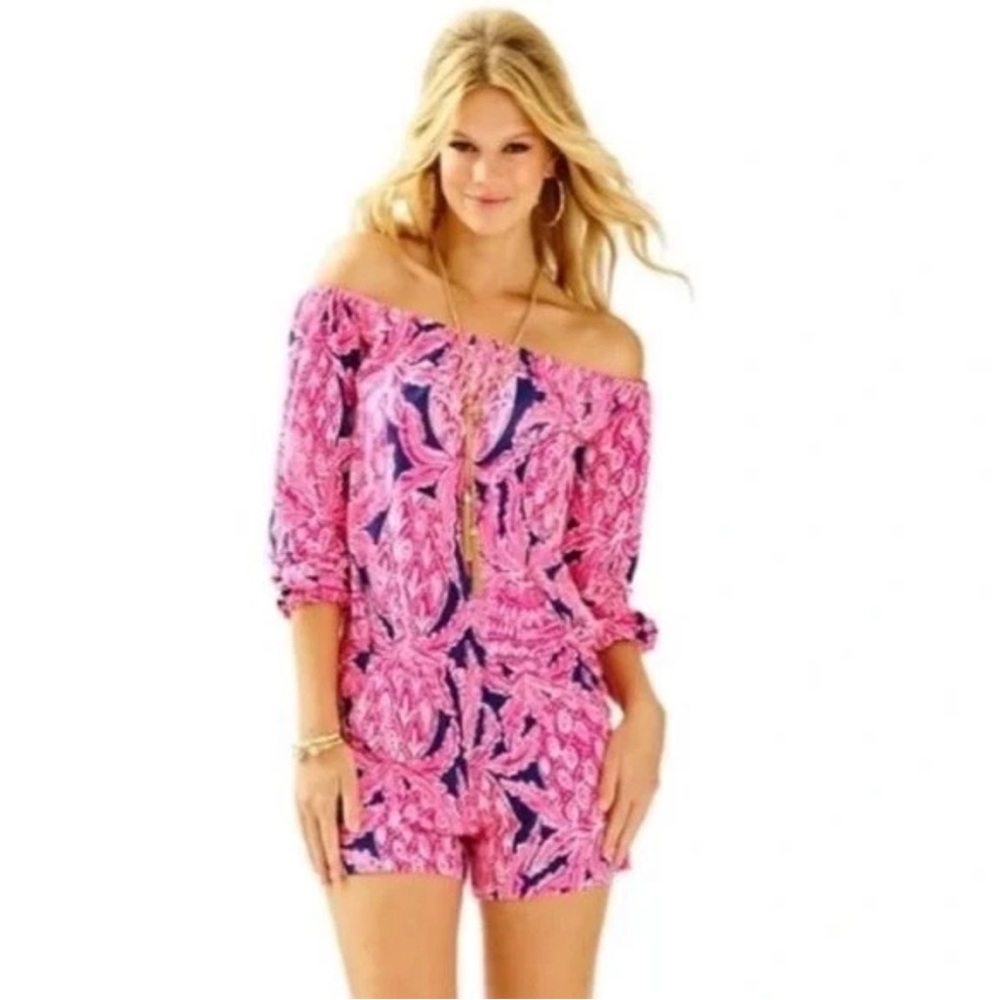 Lilly Pulitzer Lana Romper Off The Shoulder Long Sleeve Navy Pink Size XS